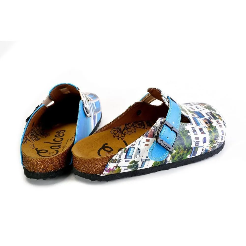 Blue and White Colored, Home Patterned Clogs - WCAL367