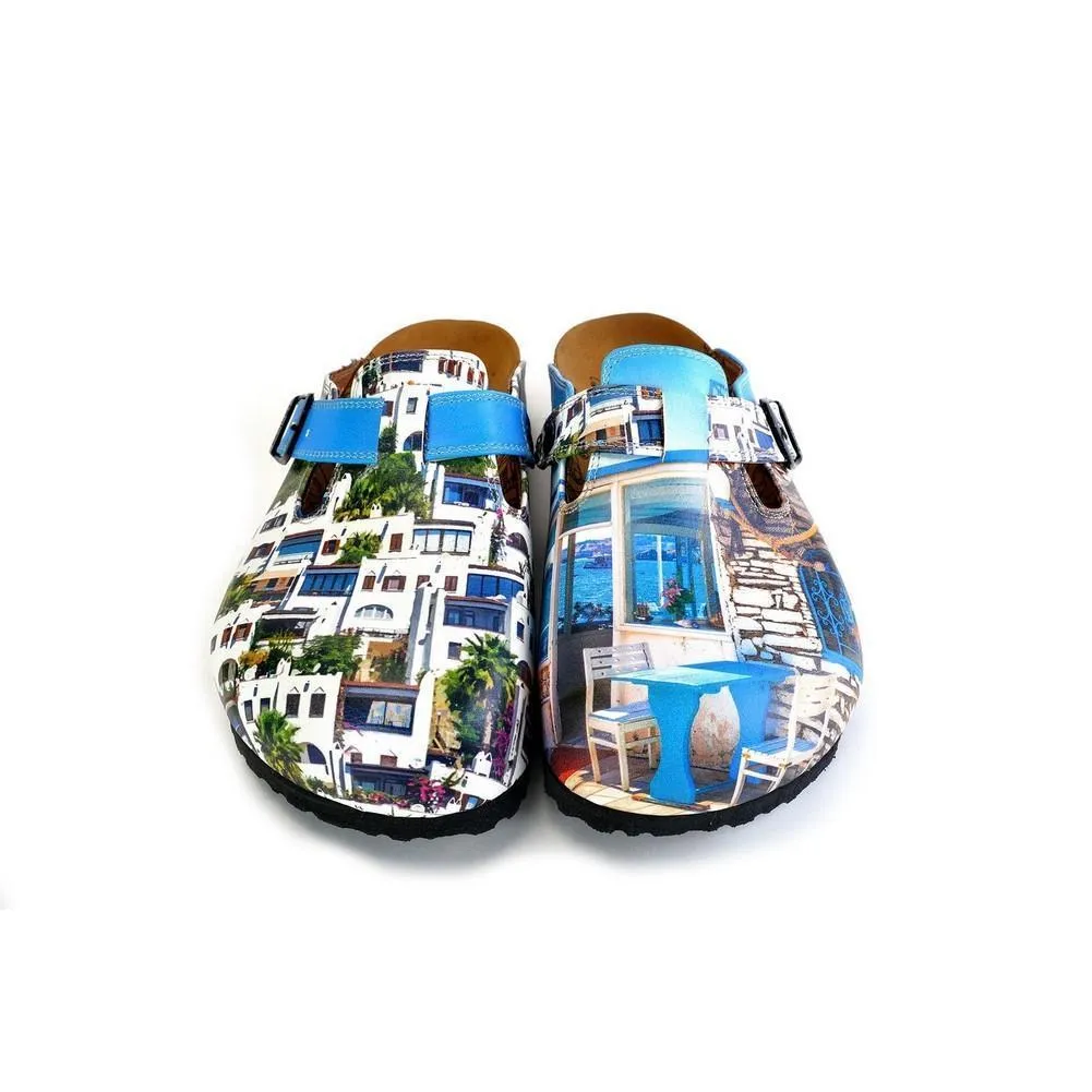 Blue and White Colored, Home Patterned Clogs - WCAL367