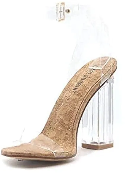 Cape Robbin Maria-2 Cork Clear Chunky Block High HeelsTransparent Open Toe Heels