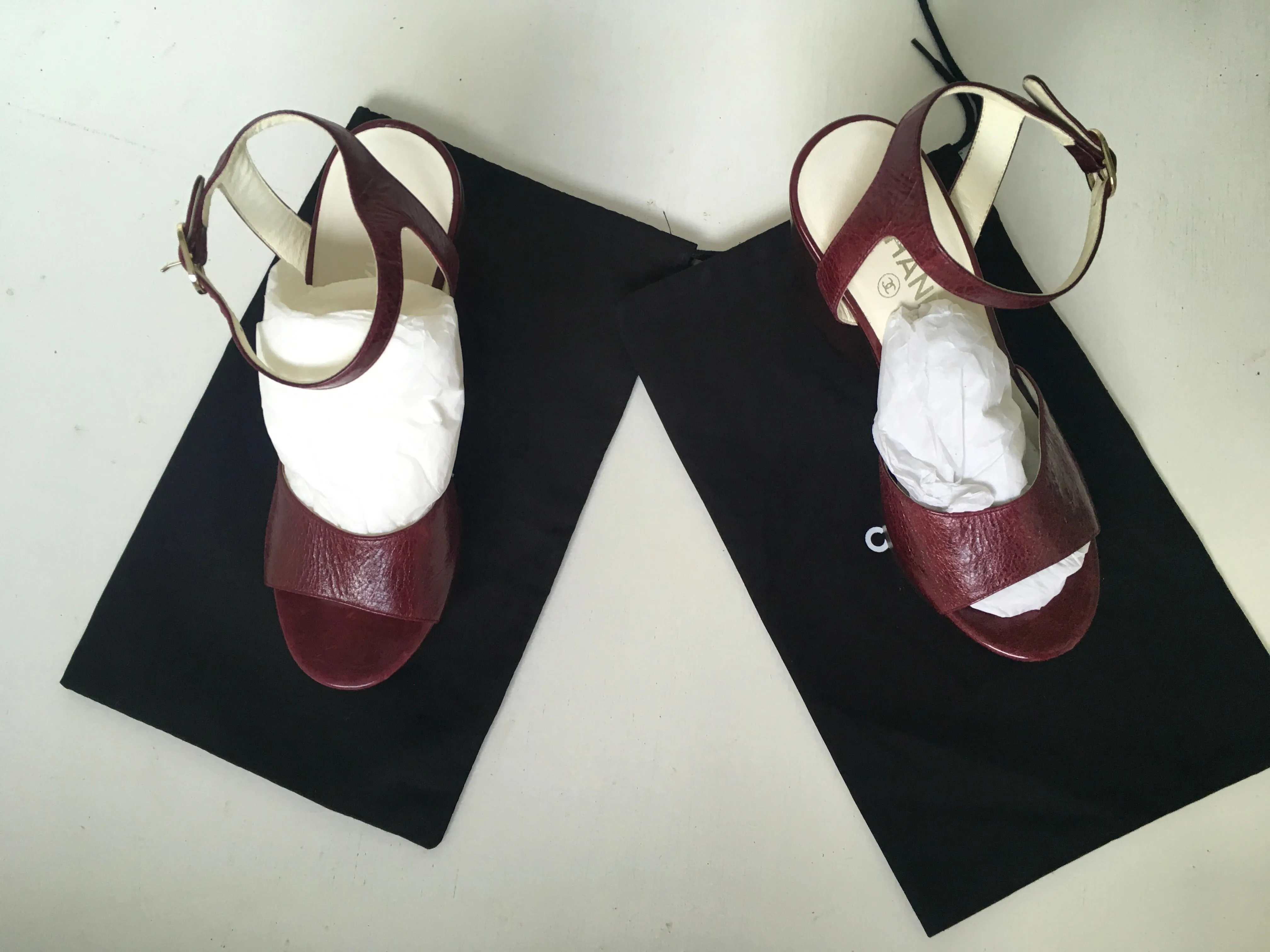 CHANEL Burgundy Leather Platform Wedge Sandals Size 37 1/2 Ladies