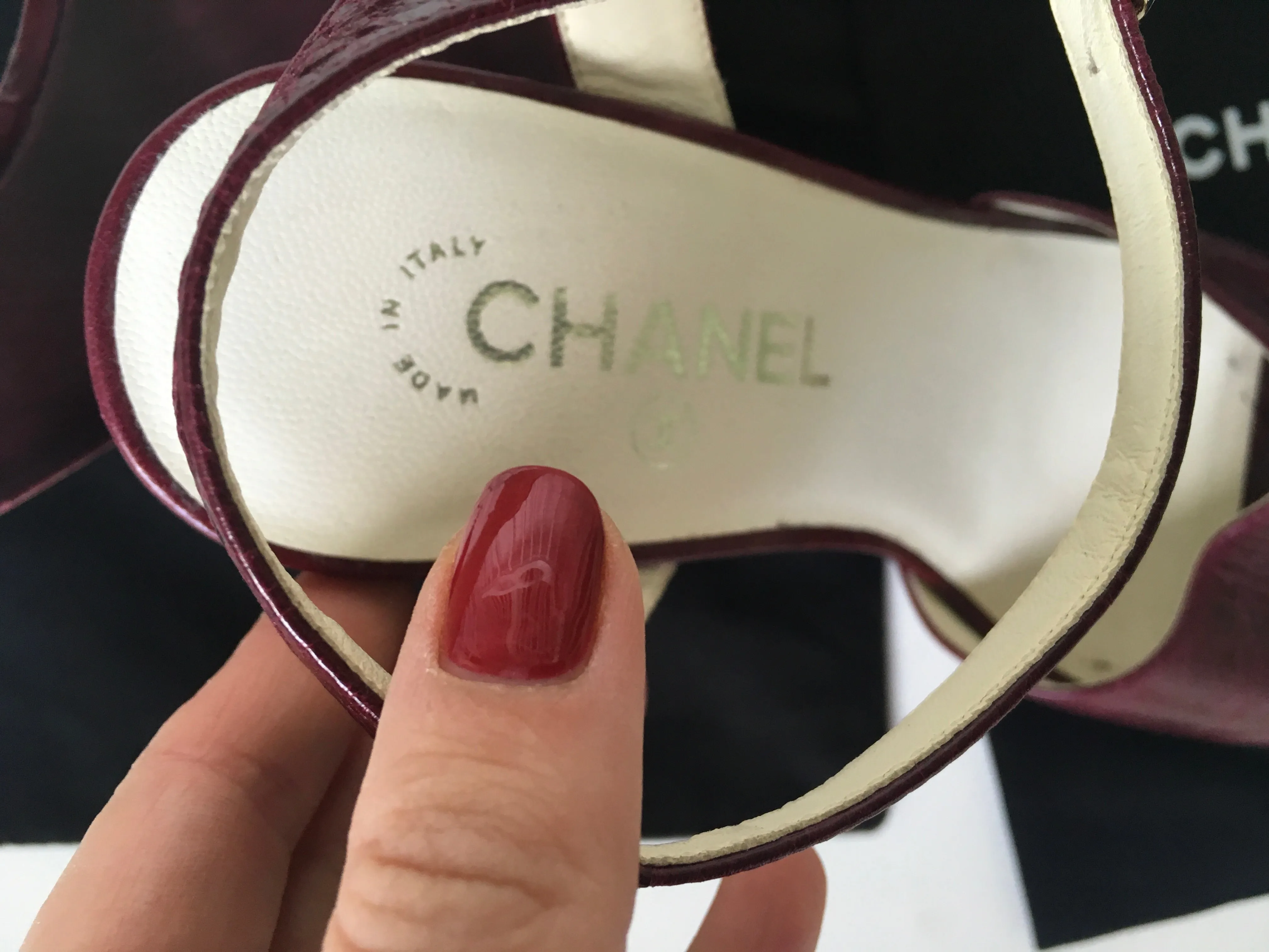 CHANEL Burgundy Leather Platform Wedge Sandals Size 37 1/2 Ladies