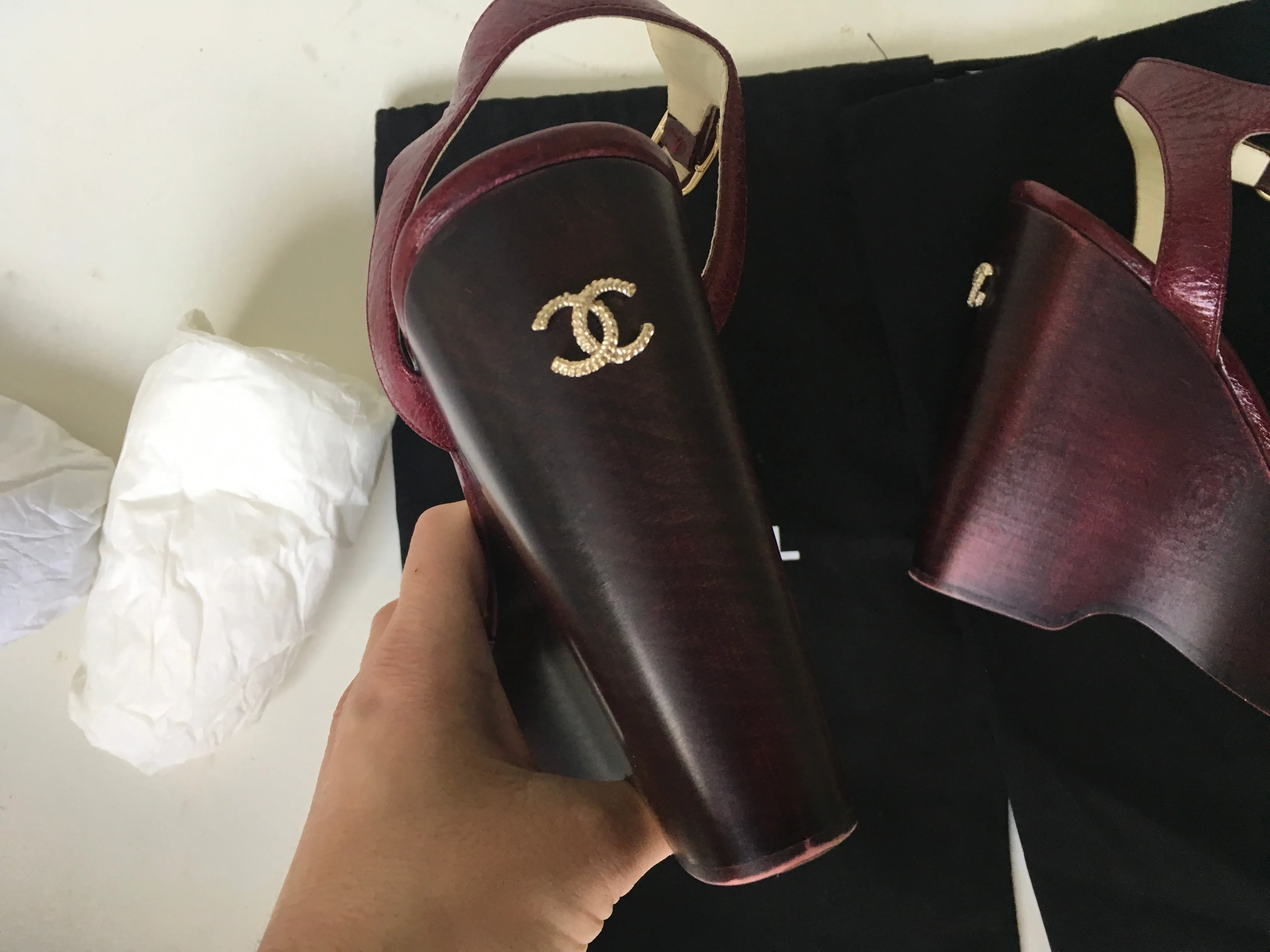 CHANEL Burgundy Leather Platform Wedge Sandals Size 37 1/2 Ladies