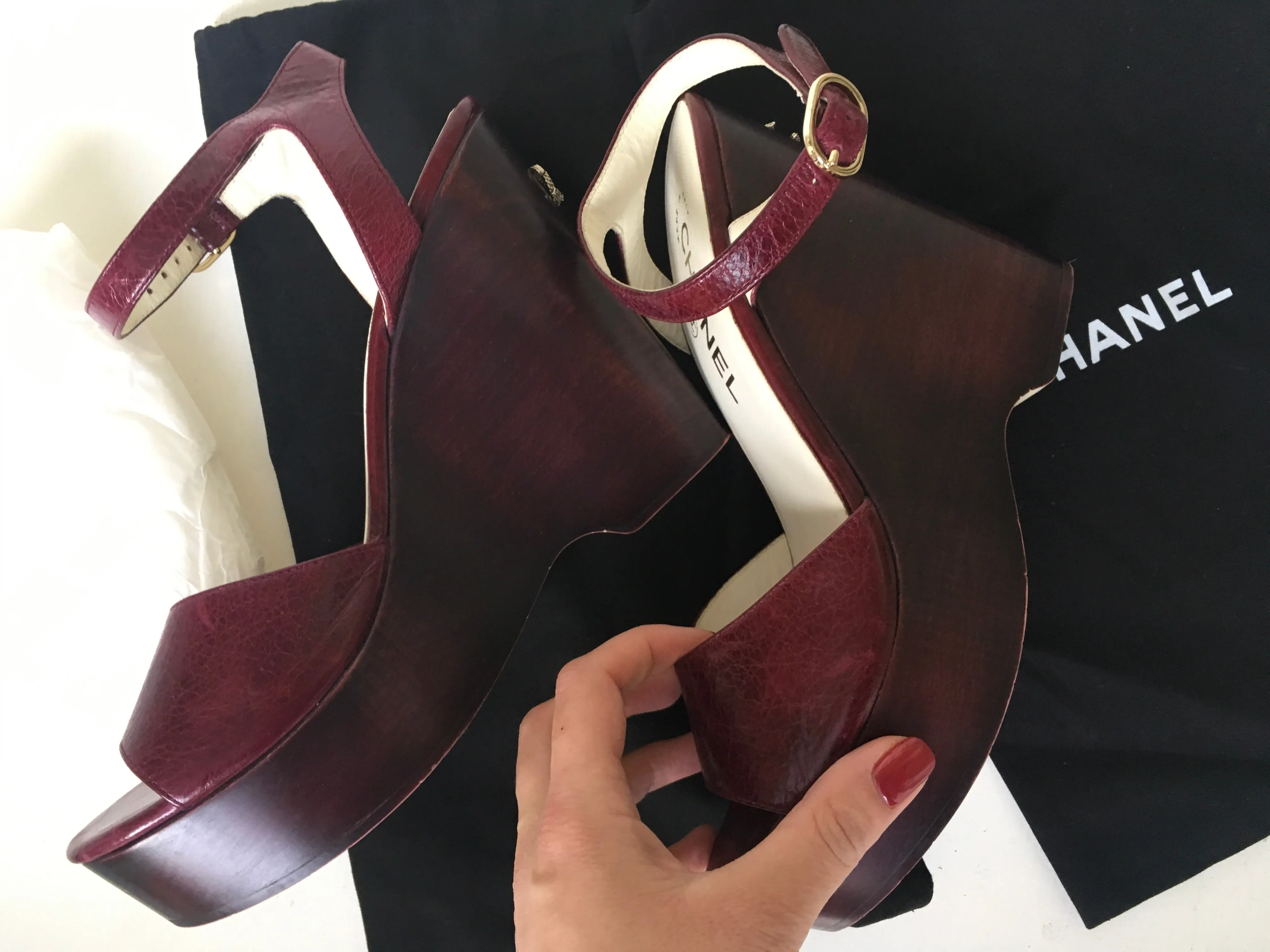 CHANEL Burgundy Leather Platform Wedge Sandals Size 37 1/2 Ladies