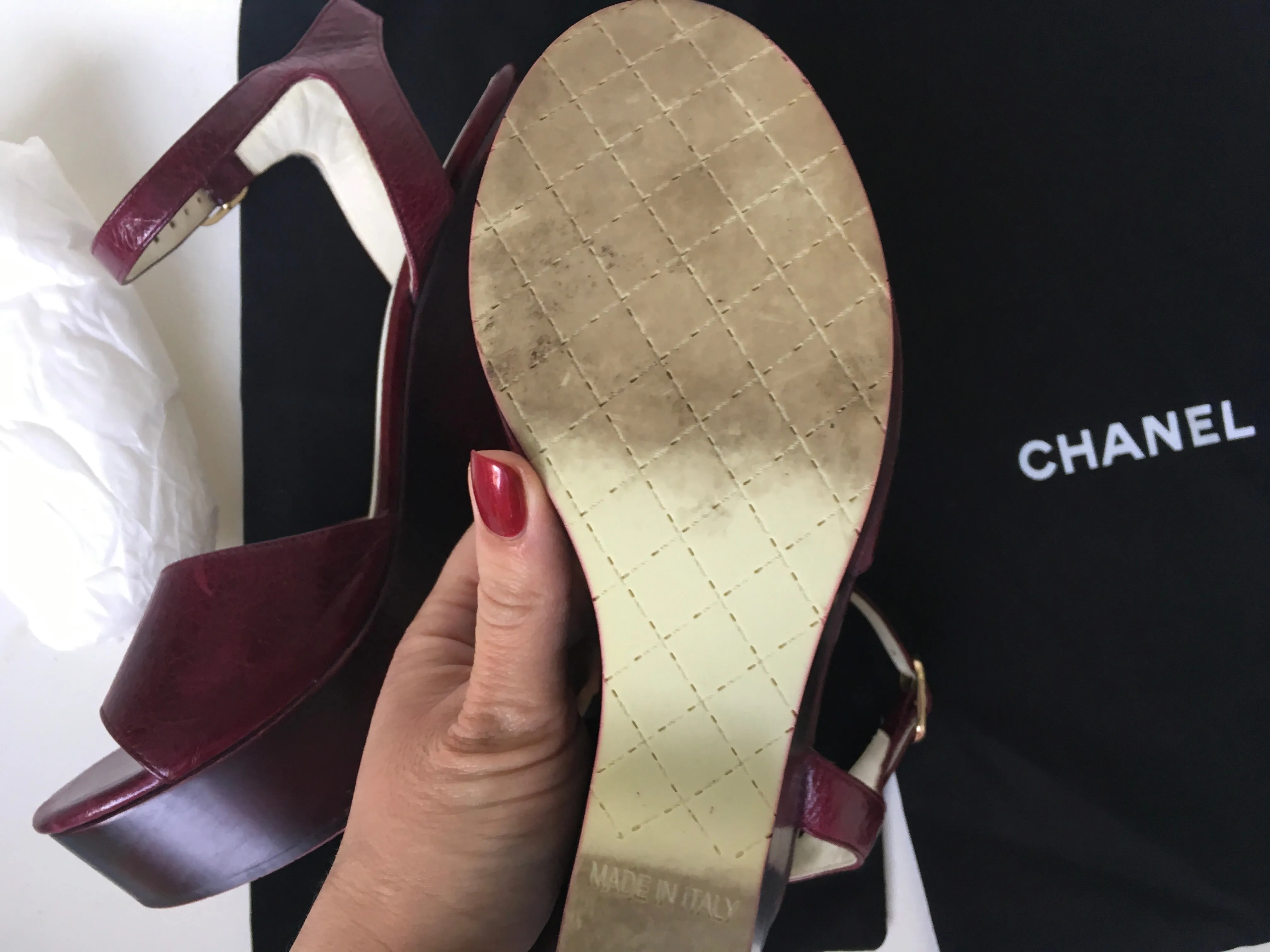 CHANEL Burgundy Leather Platform Wedge Sandals Size 37 1/2 Ladies