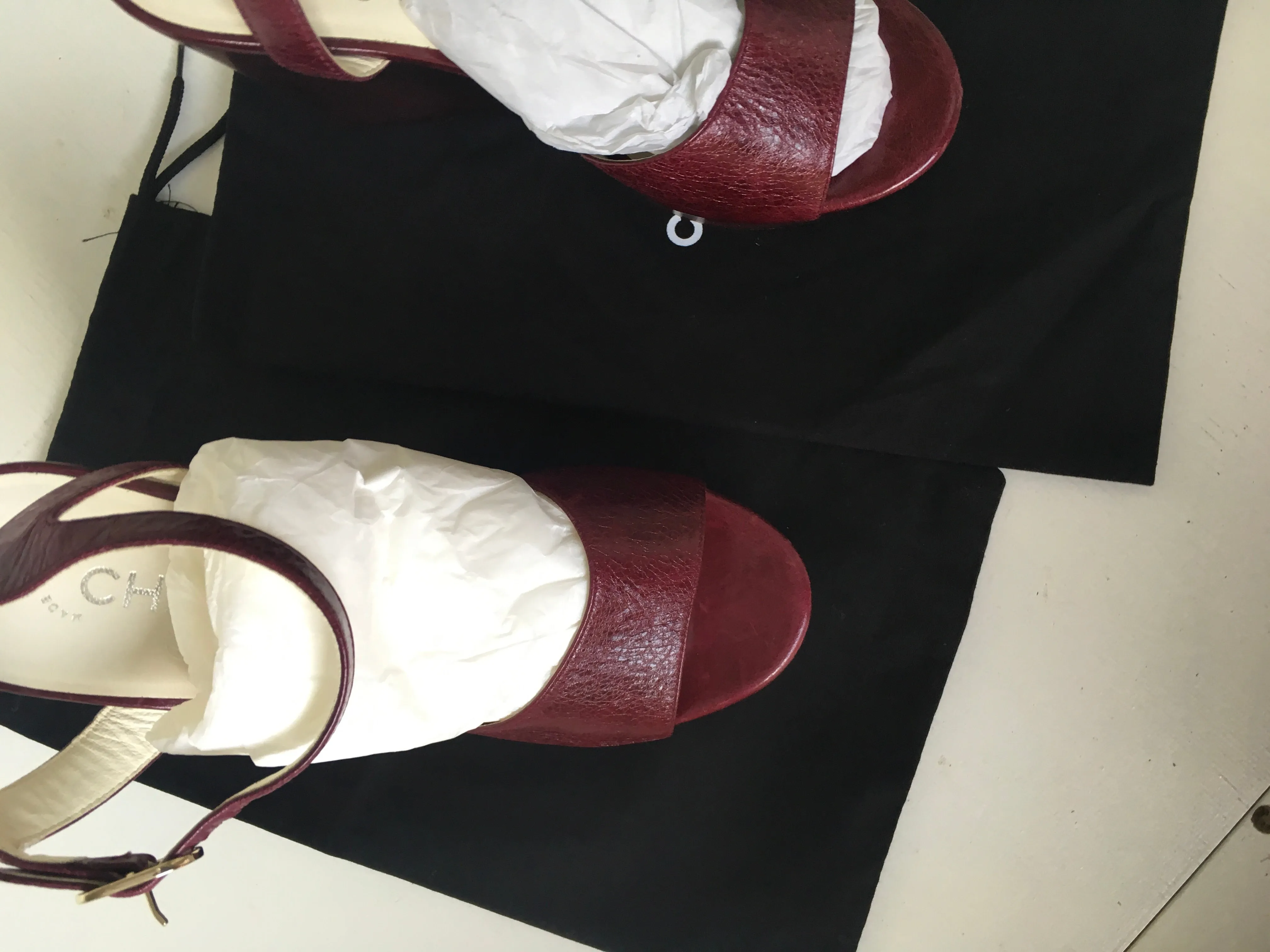 CHANEL Burgundy Leather Platform Wedge Sandals Size 37 1/2 Ladies