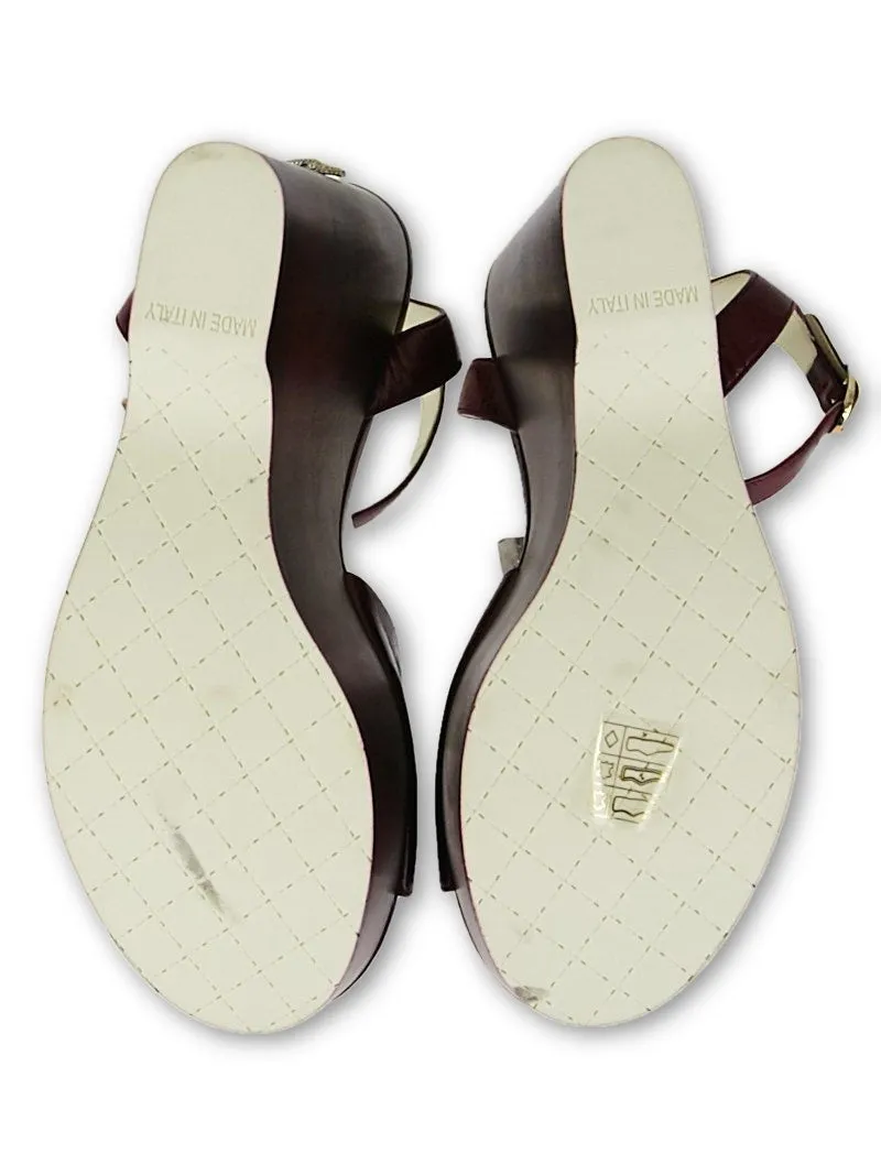 CHANEL Burgundy Leather Platform Wedge Sandals Size 37 1/2 Ladies