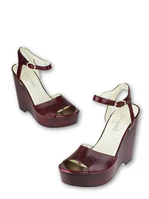 CHANEL Burgundy Leather Platform Wedge Sandals Size 37 1/2 Ladies