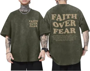 Christian Shirts for Men Faith Over Fear Oversized Shirt Acid Wash Tshirt Graphic Religious T Shirt Bible Verse Tees
