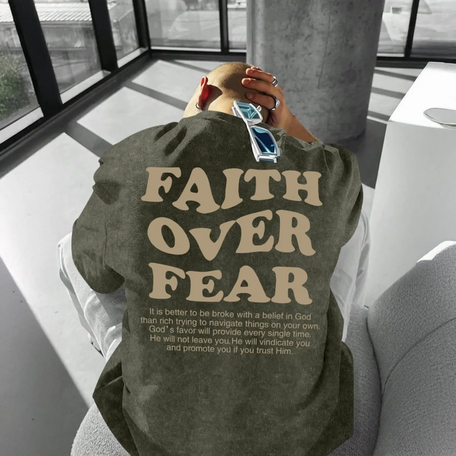 Christian Shirts for Men Faith Over Fear Oversized Shirt Acid Wash Tshirt Graphic Religious T Shirt Bible Verse Tees