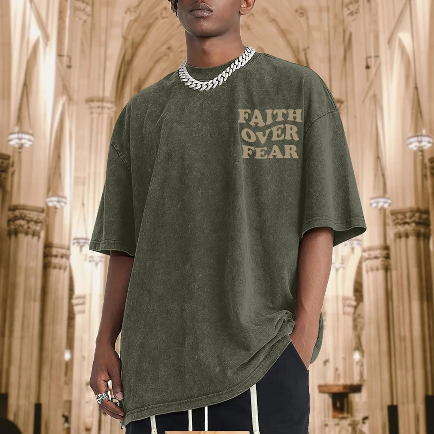 Christian Shirts for Men Faith Over Fear Oversized Shirt Acid Wash Tshirt Graphic Religious T Shirt Bible Verse Tees
