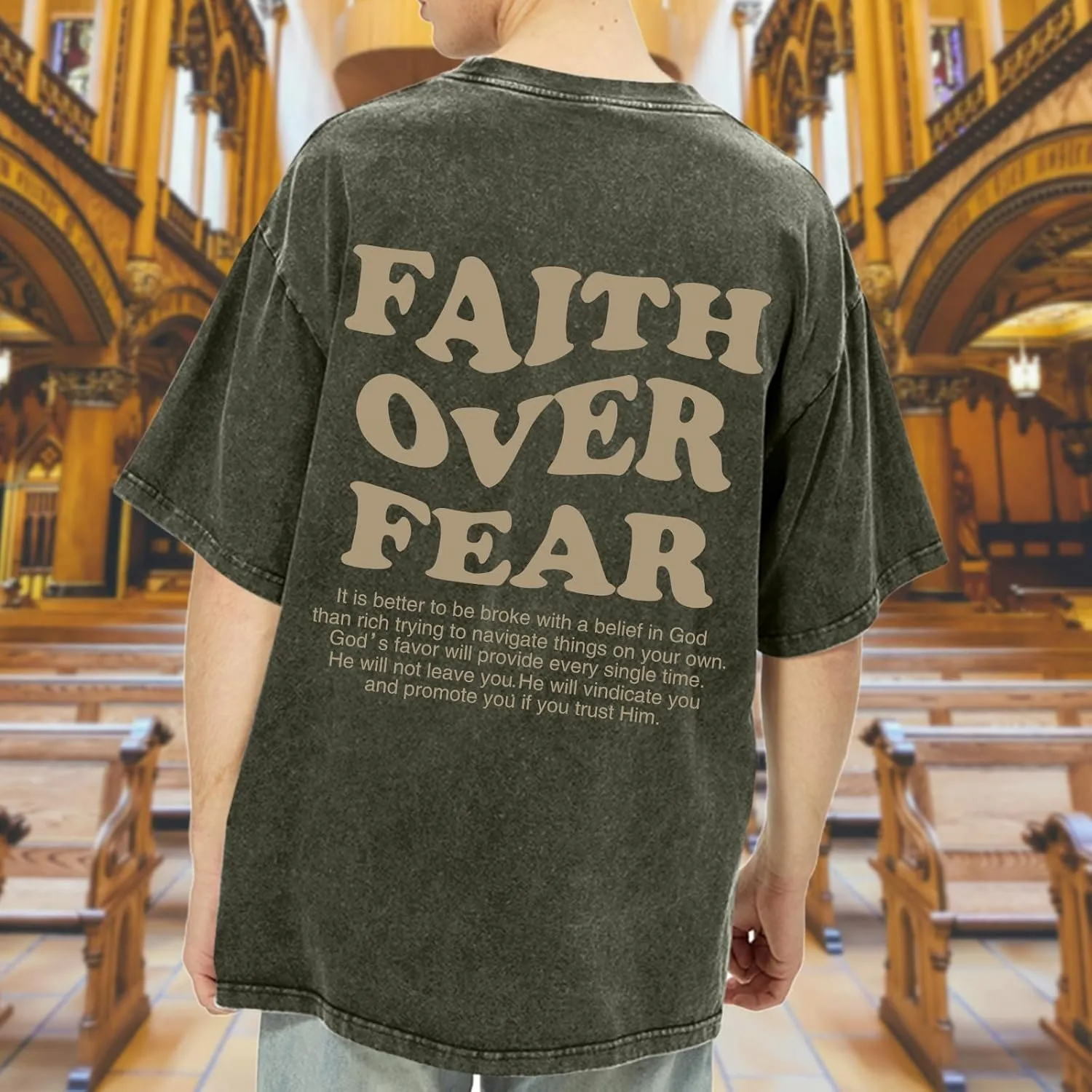 Christian Shirts for Men Faith Over Fear Oversized Shirt Acid Wash Tshirt Graphic Religious T Shirt Bible Verse Tees