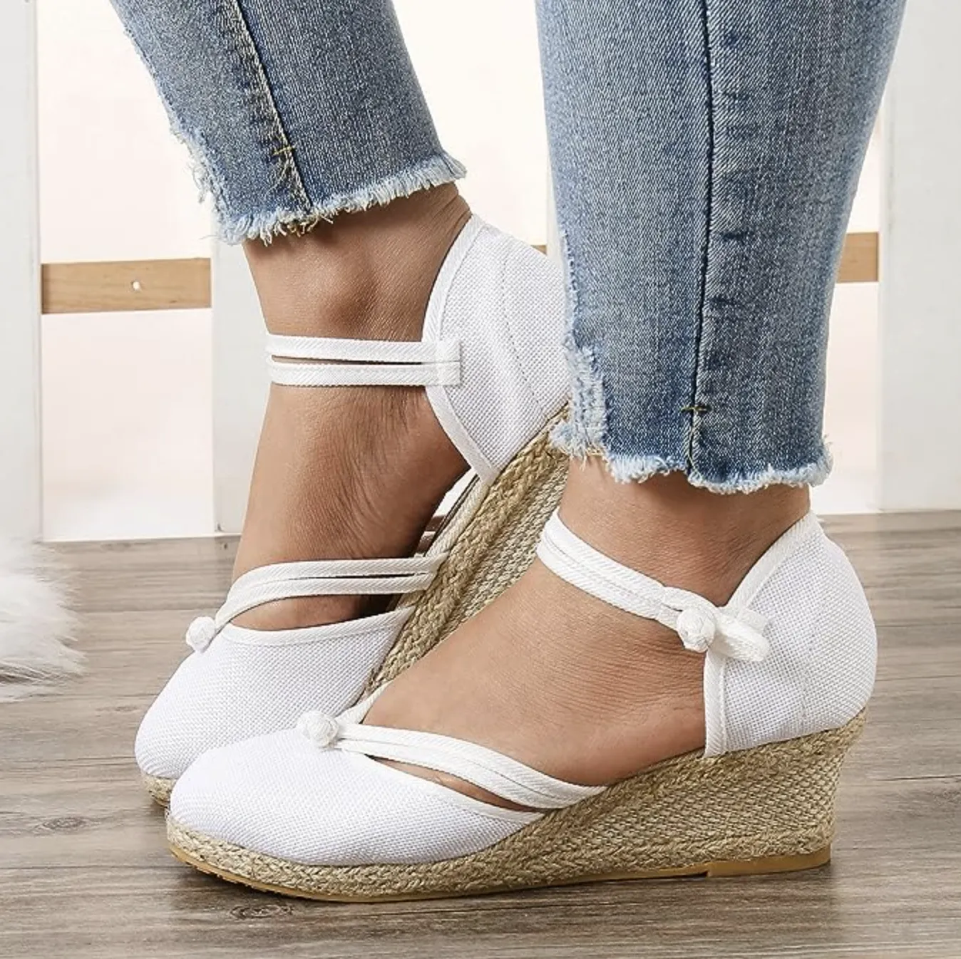 Comelyy Women's Sandals Wedge Comfortable Pointed Toe Hemp Braid Buckle
