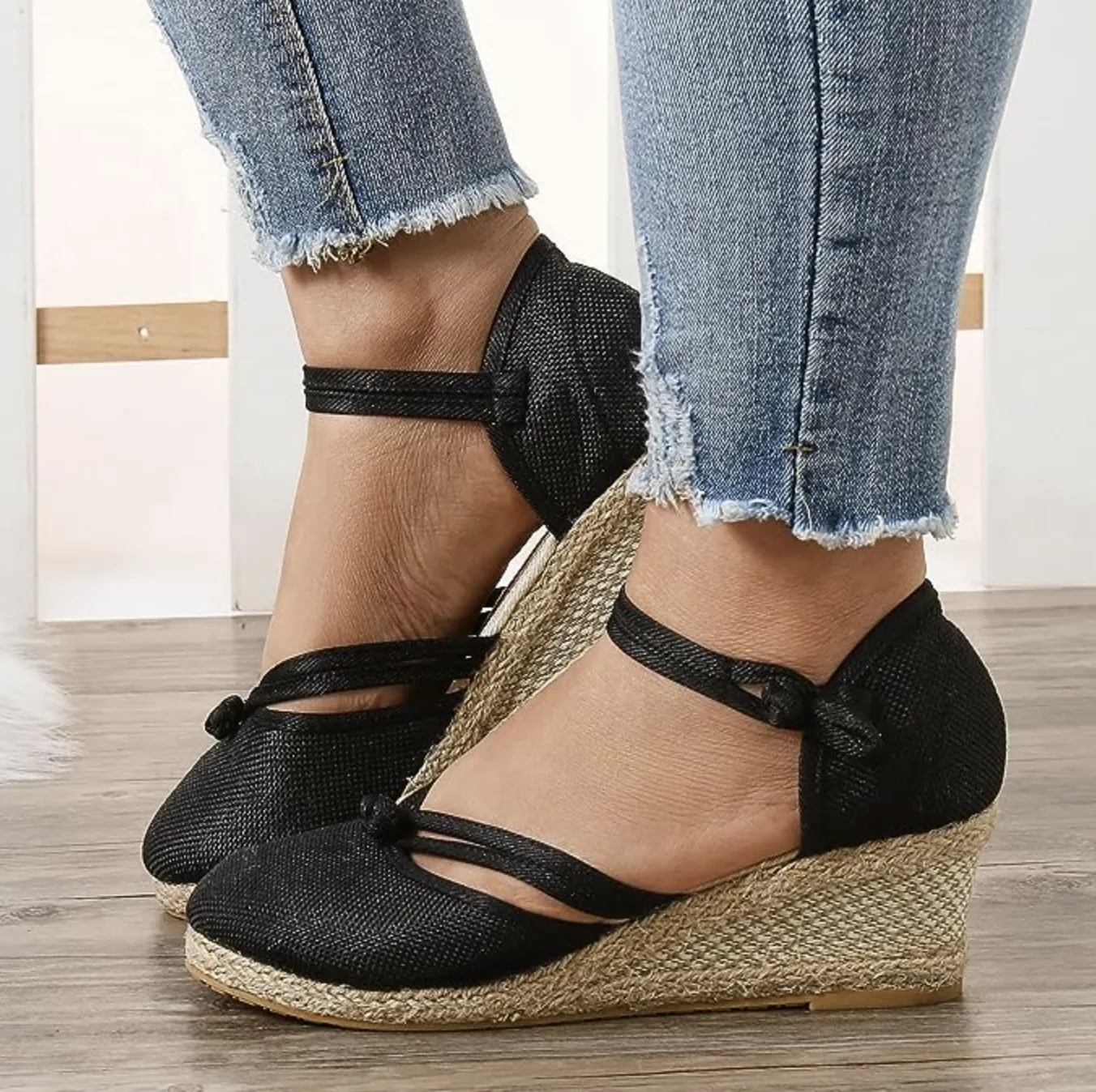 Comelyy Women's Sandals Wedge Comfortable Pointed Toe Hemp Braid Buckle