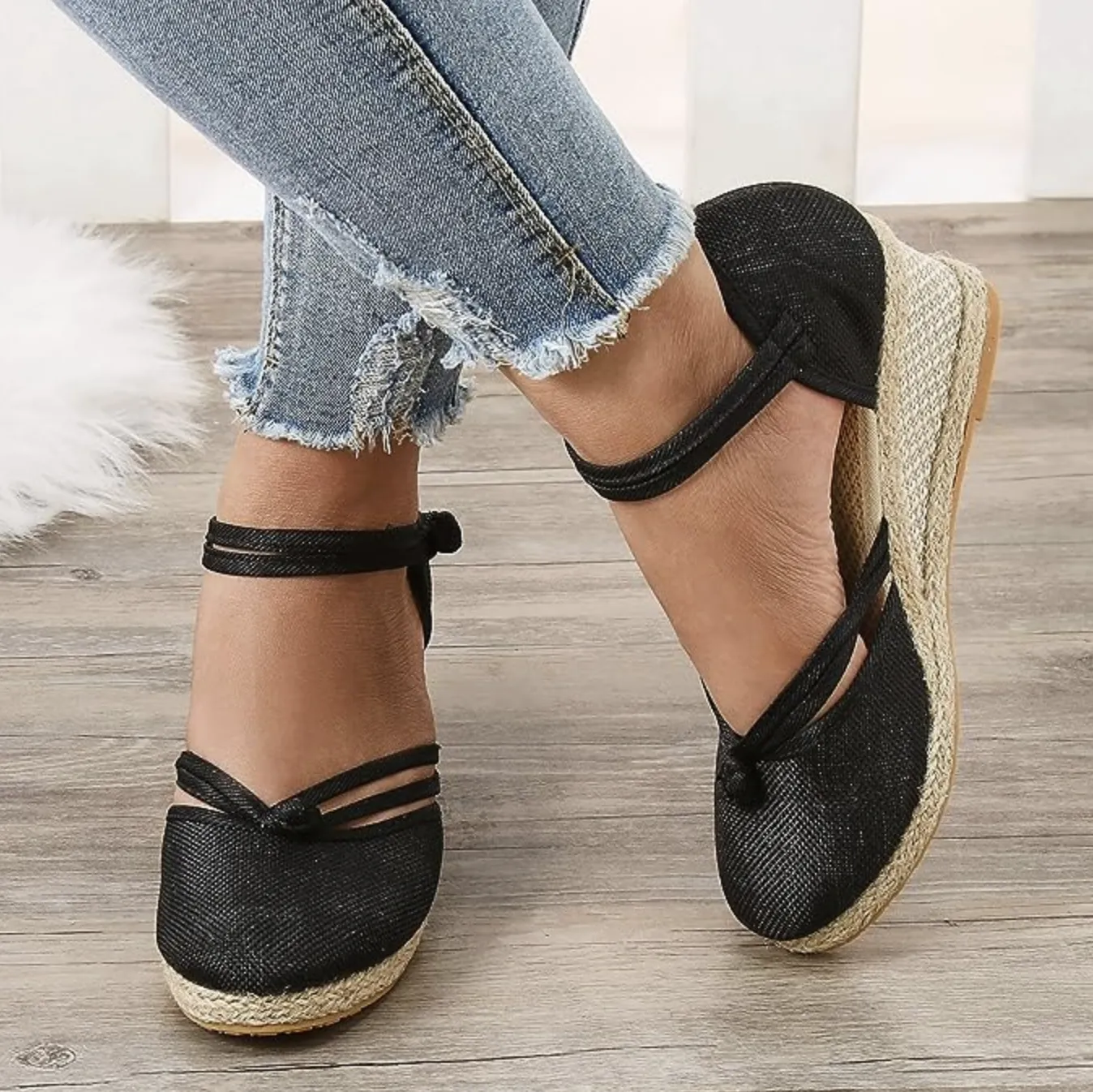 Comelyy Women's Sandals Wedge Comfortable Pointed Toe Hemp Braid Buckle