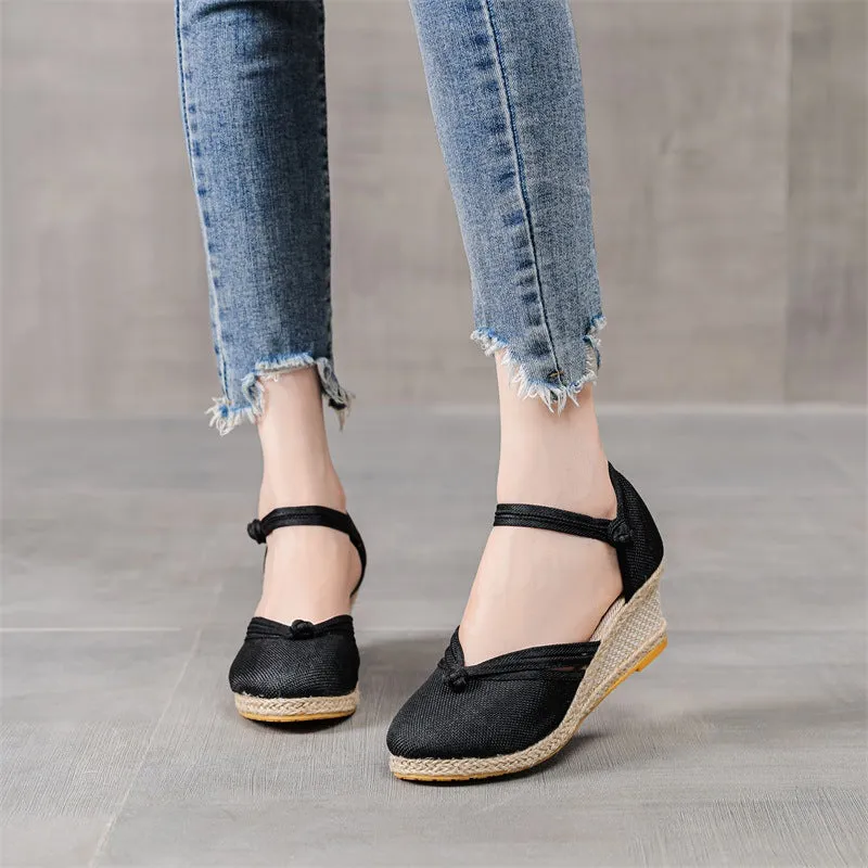 Comelyy Women's Sandals Wedge Comfortable Pointed Toe Hemp Braid Buckle