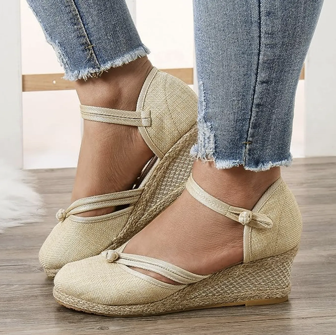 Comelyy Women's Sandals Wedge Comfortable Pointed Toe Hemp Braid Buckle