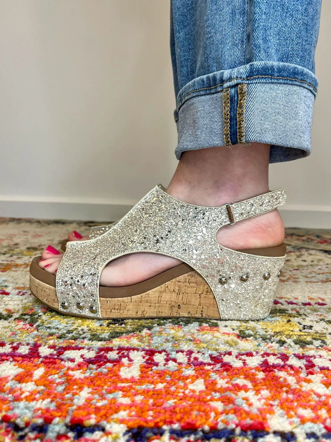Corky's Footwear Carley Wedge Sandal - Beige New Glitter