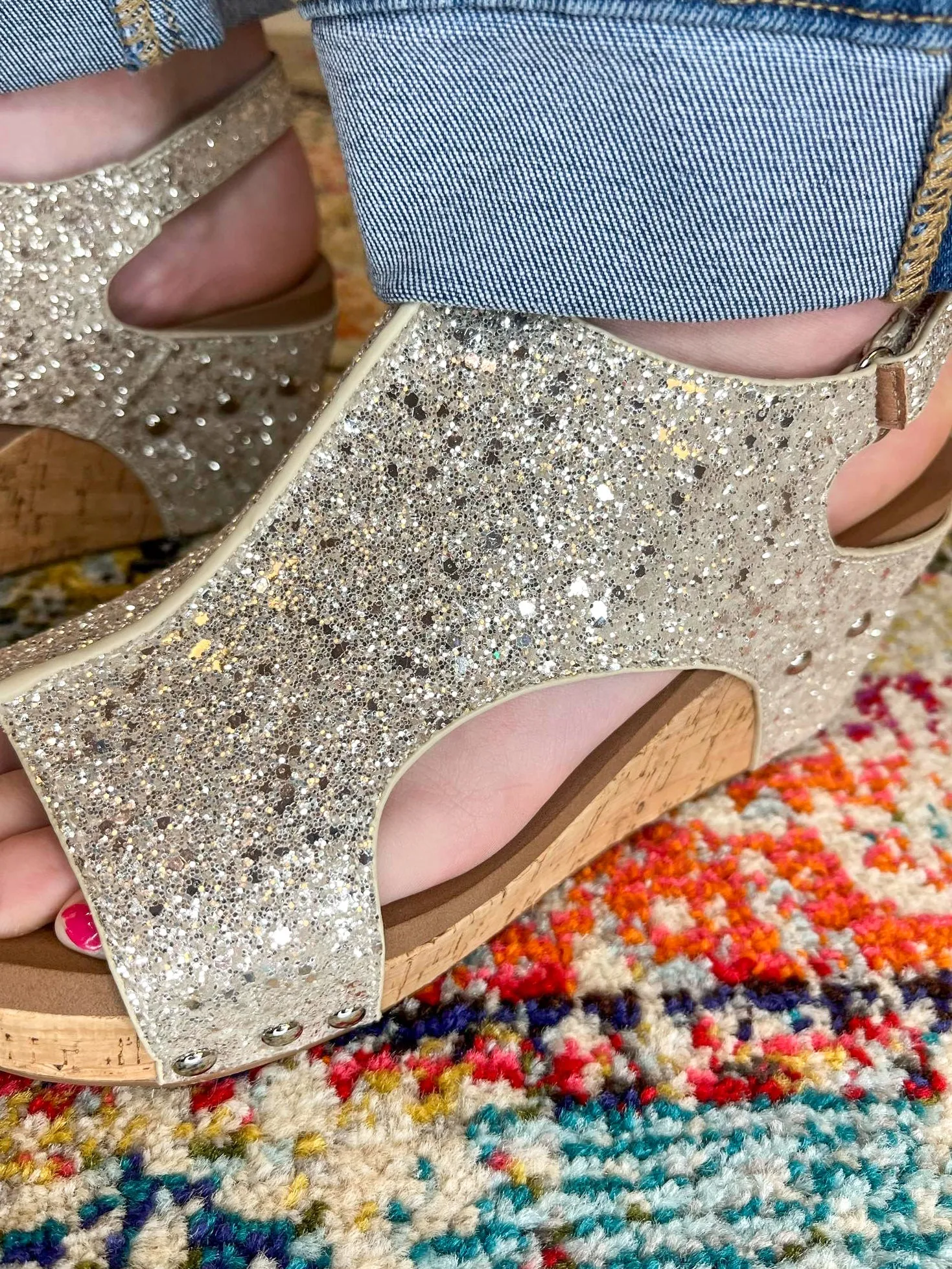 Corky's Footwear Carley Wedge Sandal - Beige New Glitter