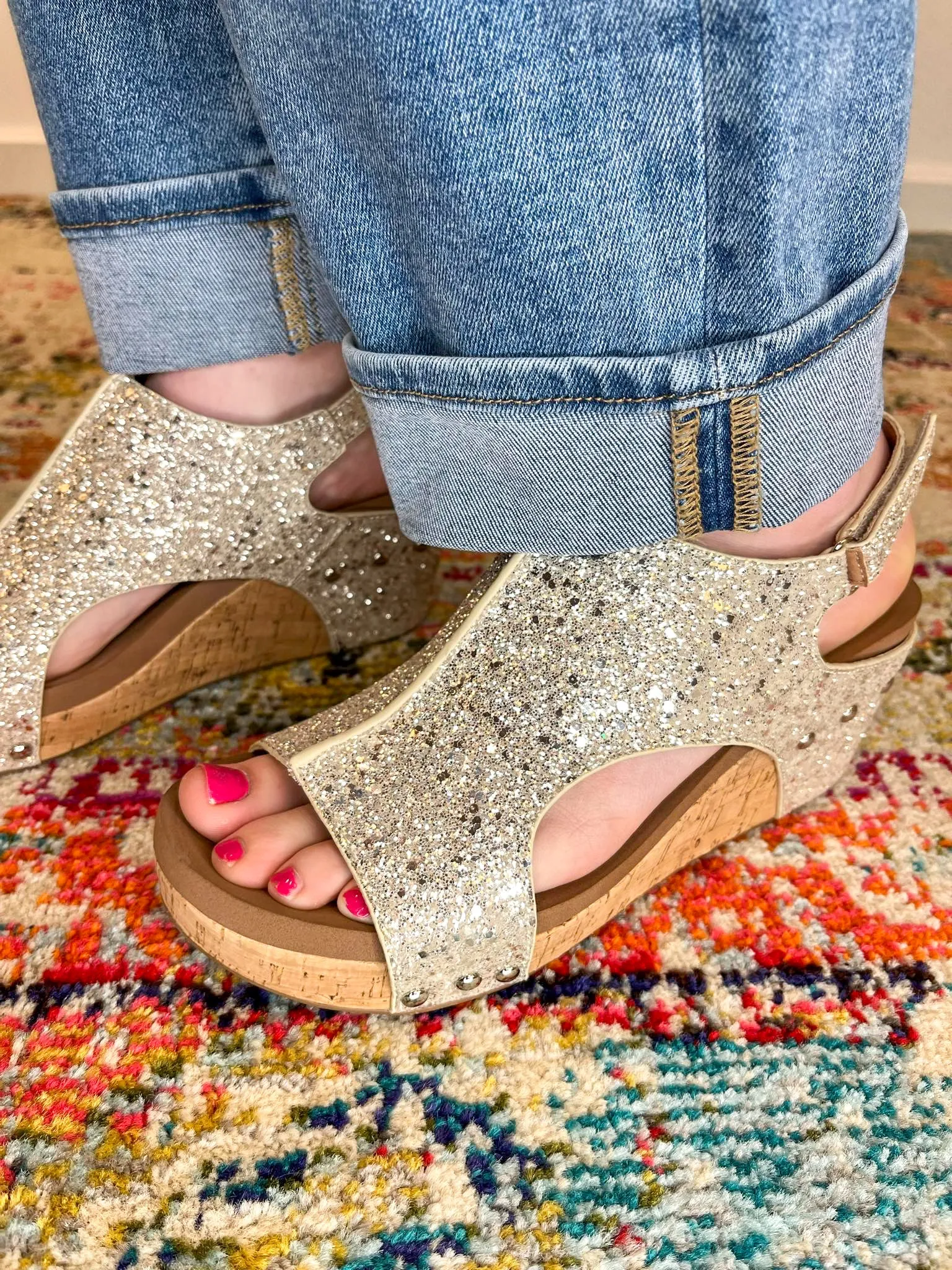 Corky's Footwear Carley Wedge Sandal - Beige New Glitter