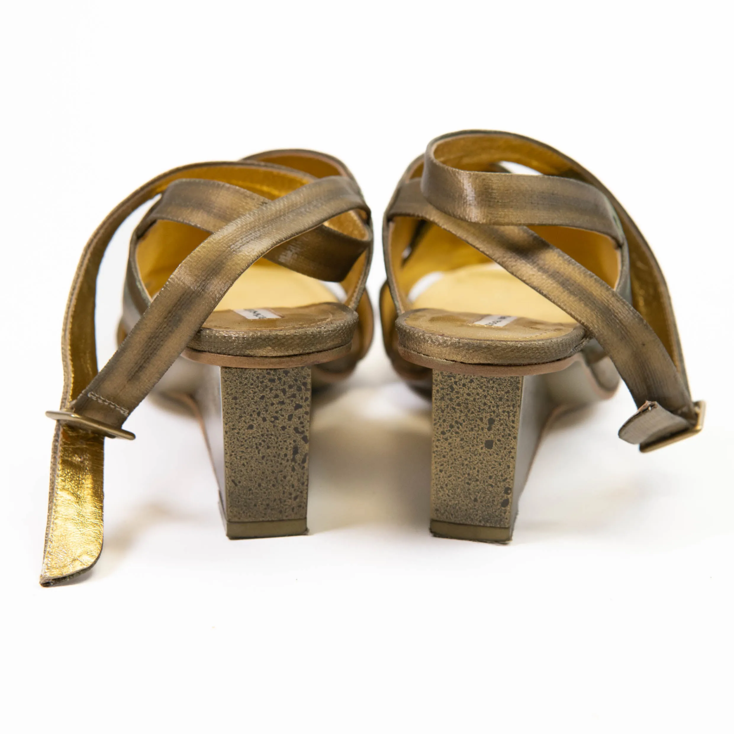 Dries Van Noten Gold Open Toe Block Square Wedge Heels Size 37