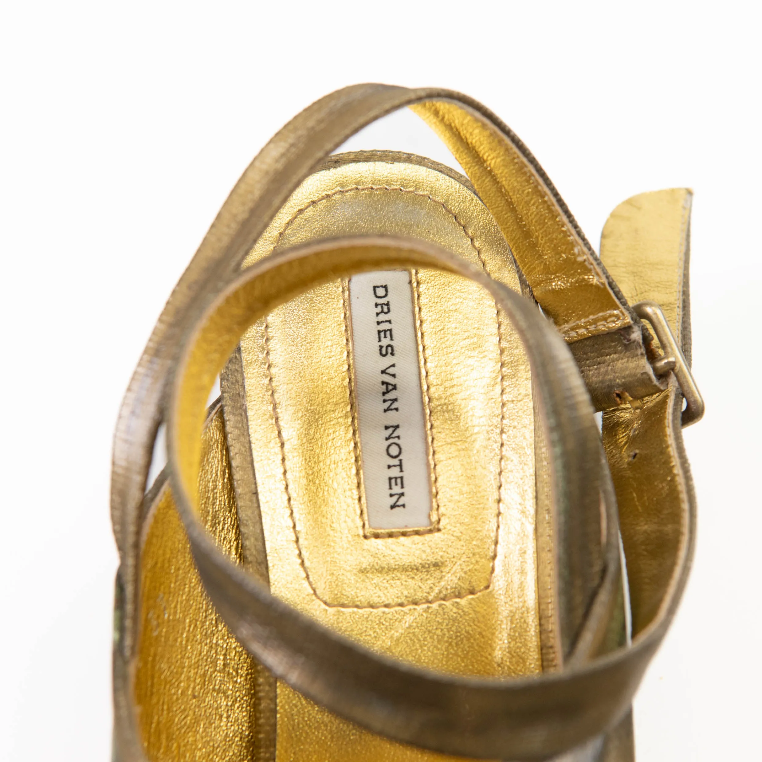 Dries Van Noten Gold Open Toe Block Square Wedge Heels Size 37
