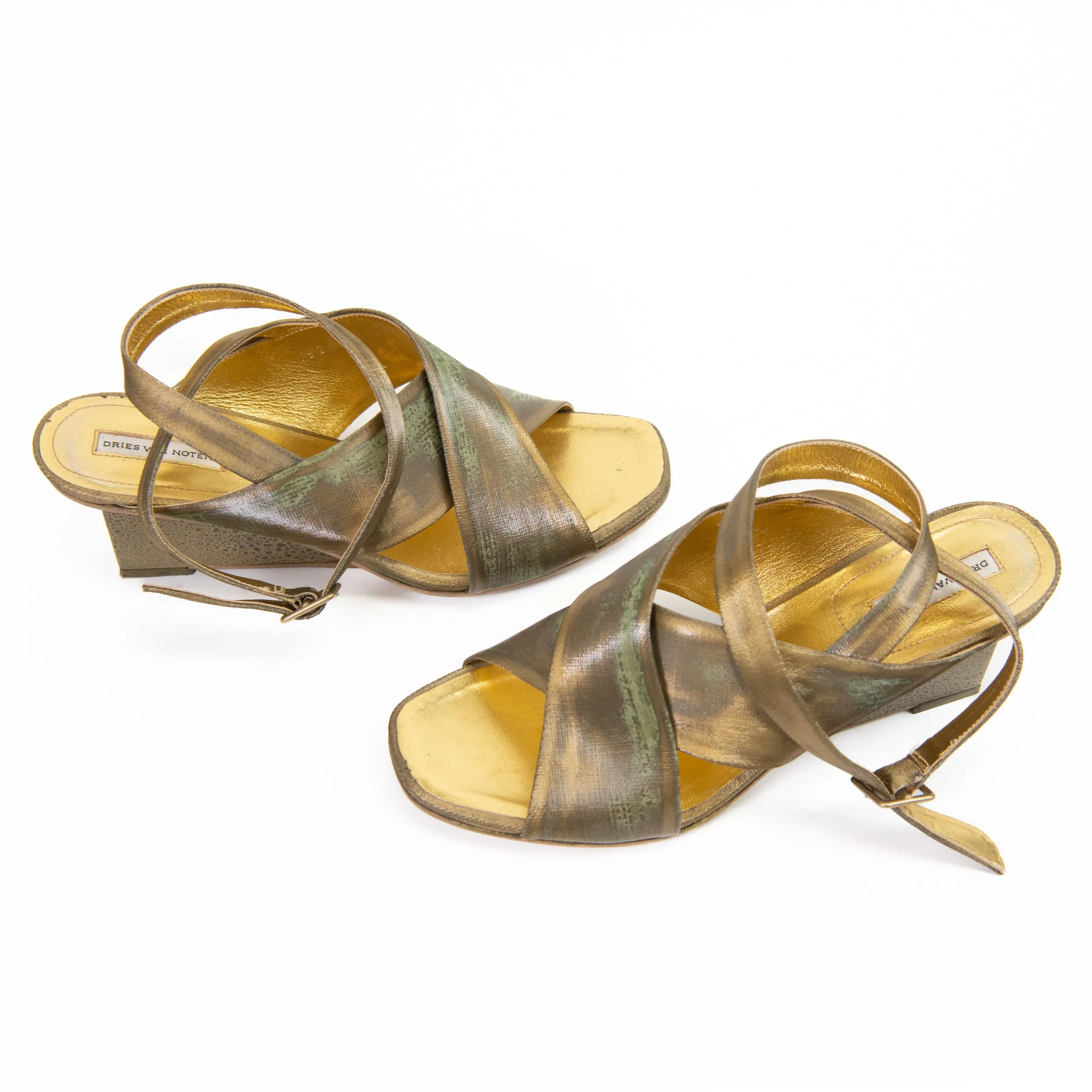 Dries Van Noten Gold Open Toe Block Square Wedge Heels Size 37