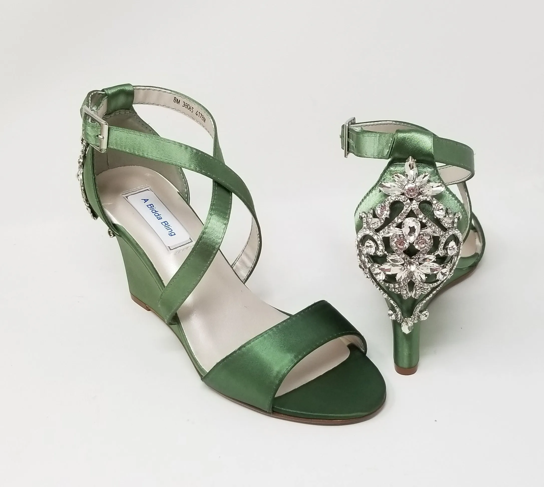 Green Wedding Wedges For Bride with Crystal Heel Design | Dyeable Shoes