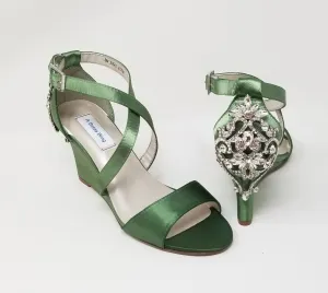 Green Wedding Wedges For Bride with Crystal Heel Design | Dyeable Shoes