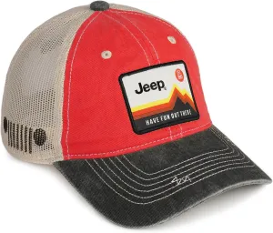 Jeep Have Fun Out There Patch Garment Washed Trucker Hat Unstructured for Men & Women - Adjustable Snapback Baseball Cap