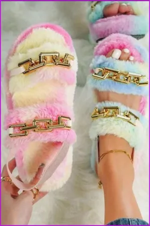 Leopard Rainbow Colorful Big Chain Fur Sandals