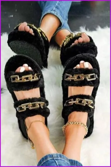 Leopard Rainbow Colorful Big Chain Fur Sandals