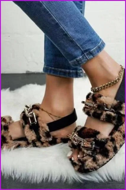 Leopard Rainbow Colorful Big Chain Fur Sandals