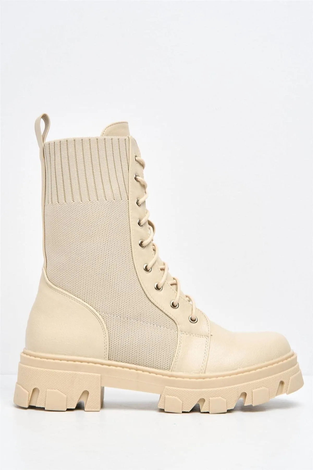 Milan Chunky Lace-up Boot in Beige
