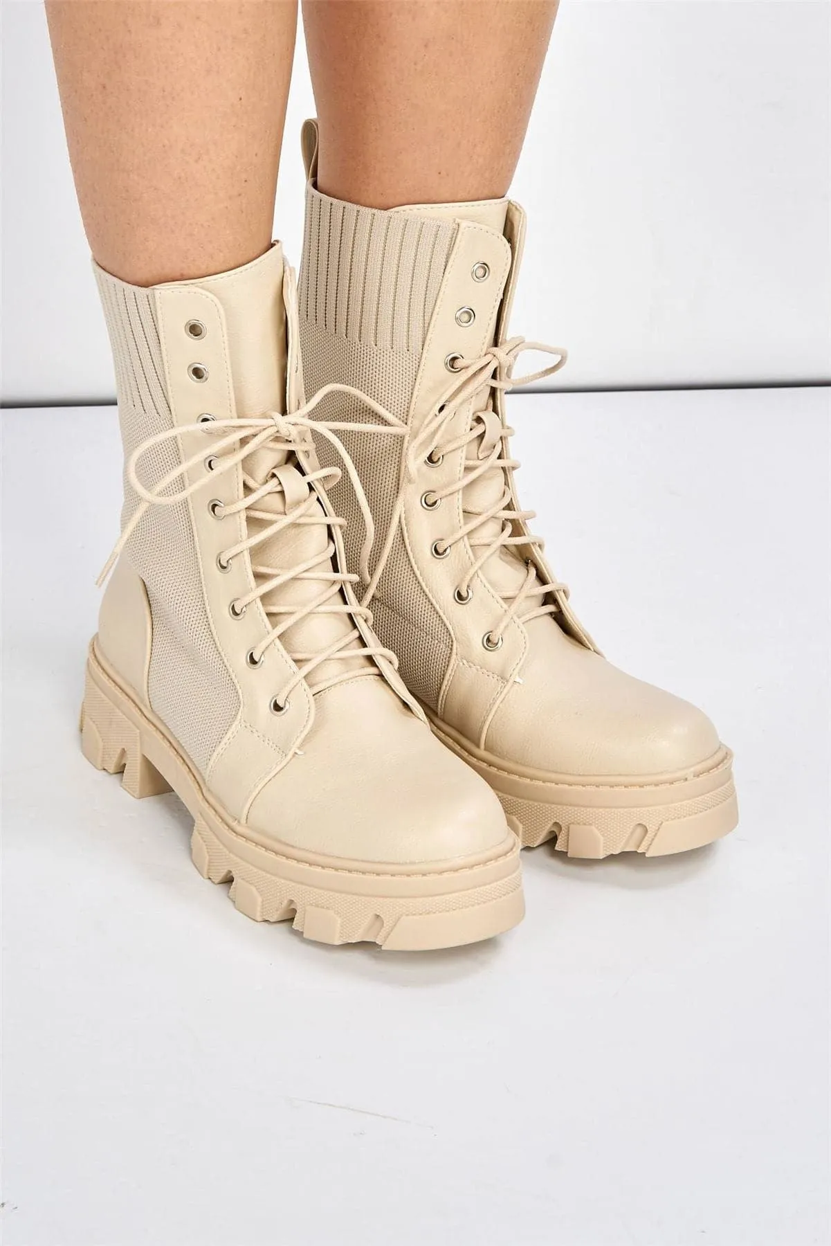 Milan Chunky Lace-up Boot in Beige