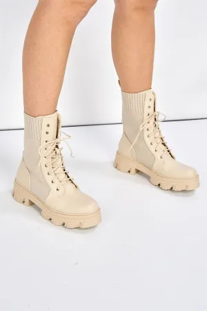 Milan Chunky Lace-up Boot in Beige