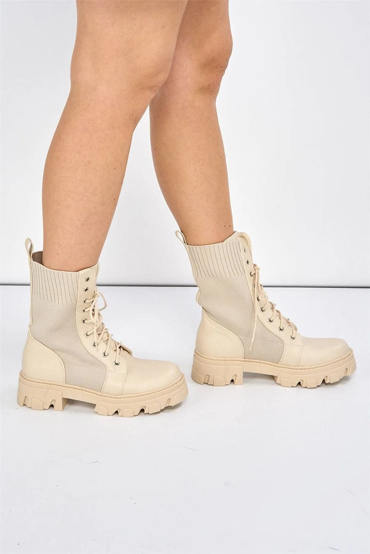 Milan Chunky Lace-up Boot in Beige