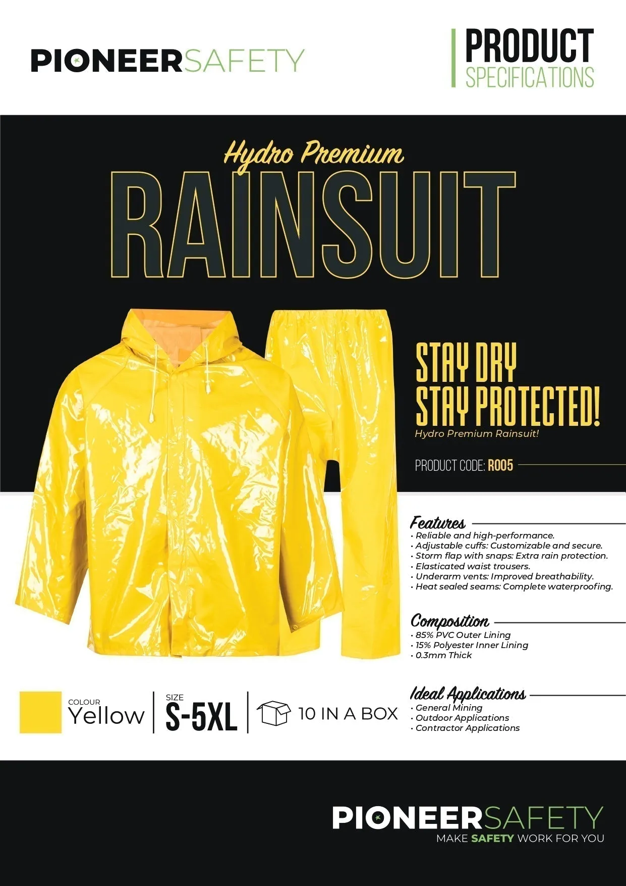 PIONEER SAFETY Rain Suit Hydro Premium Heavy Duty Pvc Yellow
