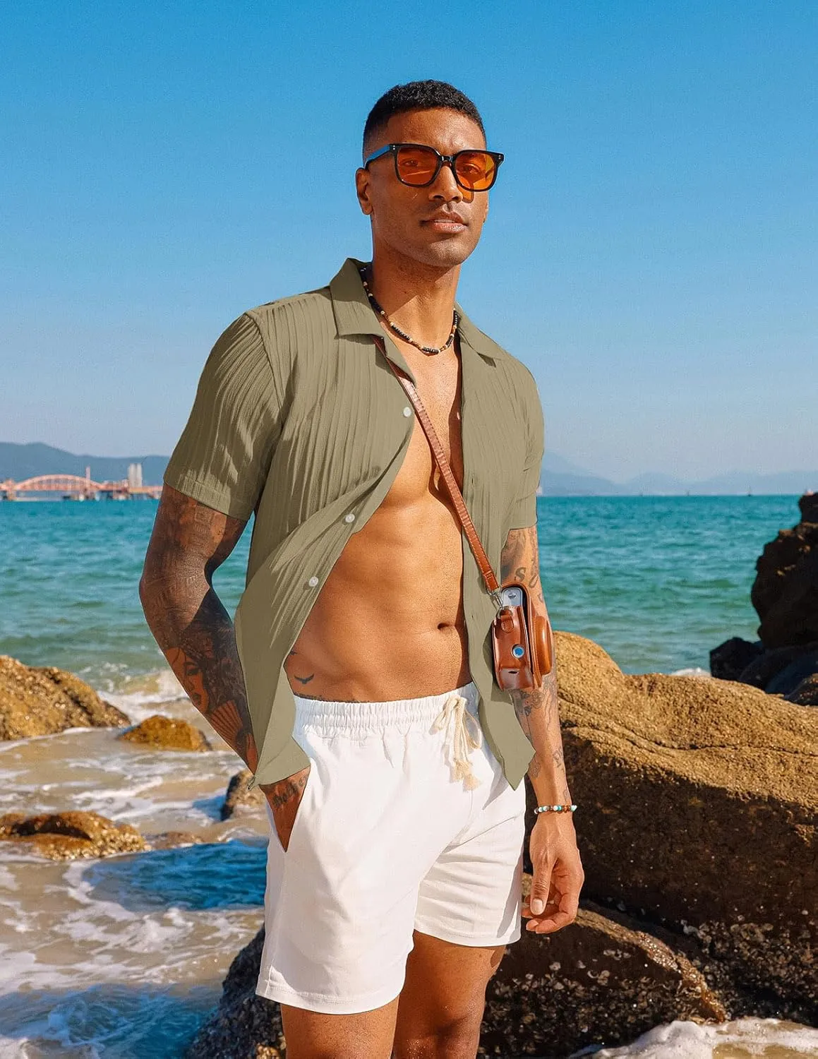PJ PAUL JONES Men's Casual Button Down Shirts - Short Sleeve Summer Textured Beach Wrinkle-Free Shirts