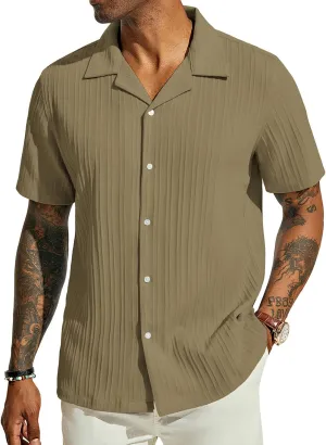 PJ PAUL JONES Men's Casual Button Down Shirts - Short Sleeve Summer Textured Beach Wrinkle-Free Shirts
