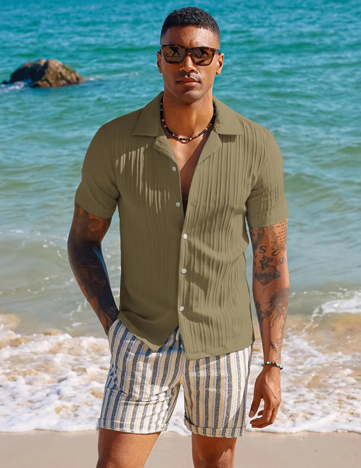 PJ PAUL JONES Men's Casual Button Down Shirts - Short Sleeve Summer Textured Beach Wrinkle-Free Shirts