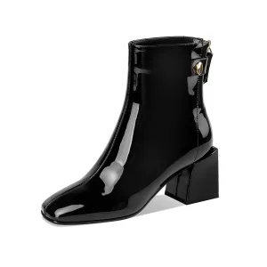 TinaCus Women's Patent Leather Square Toe Handmade Mid Chunky Heels Back Zipper Trendy Ankle Boots