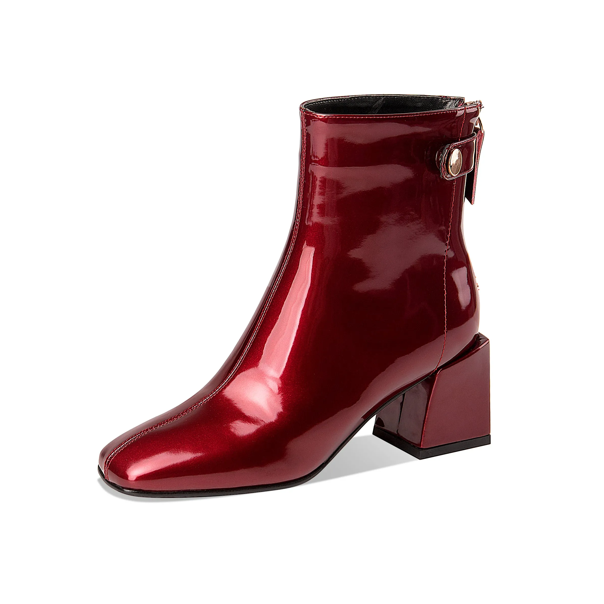 TinaCus Women's Patent Leather Square Toe Handmade Mid Chunky Heels Back Zipper Trendy Ankle Boots