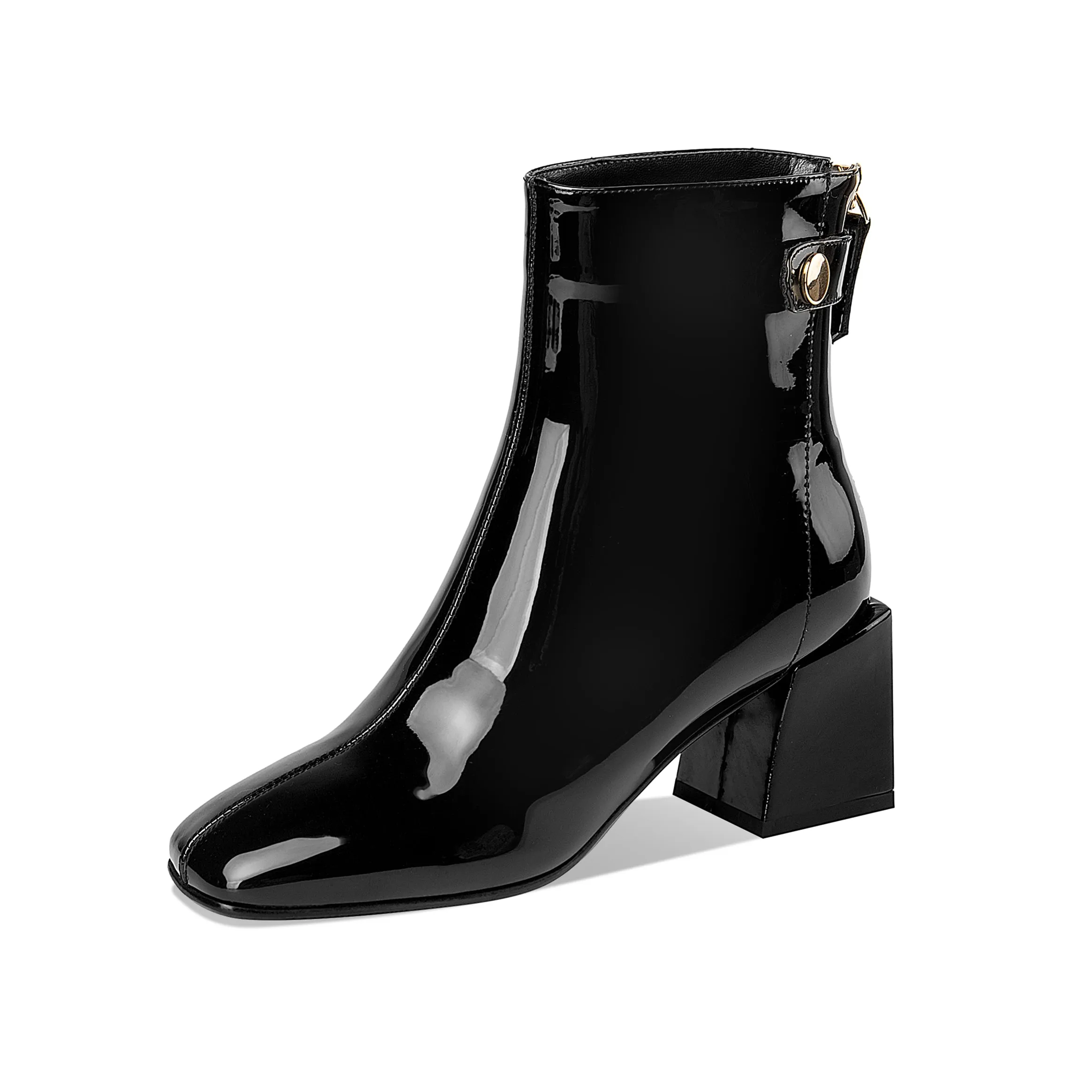 TinaCus Women's Patent Leather Square Toe Handmade Mid Chunky Heels Back Zipper Trendy Ankle Boots