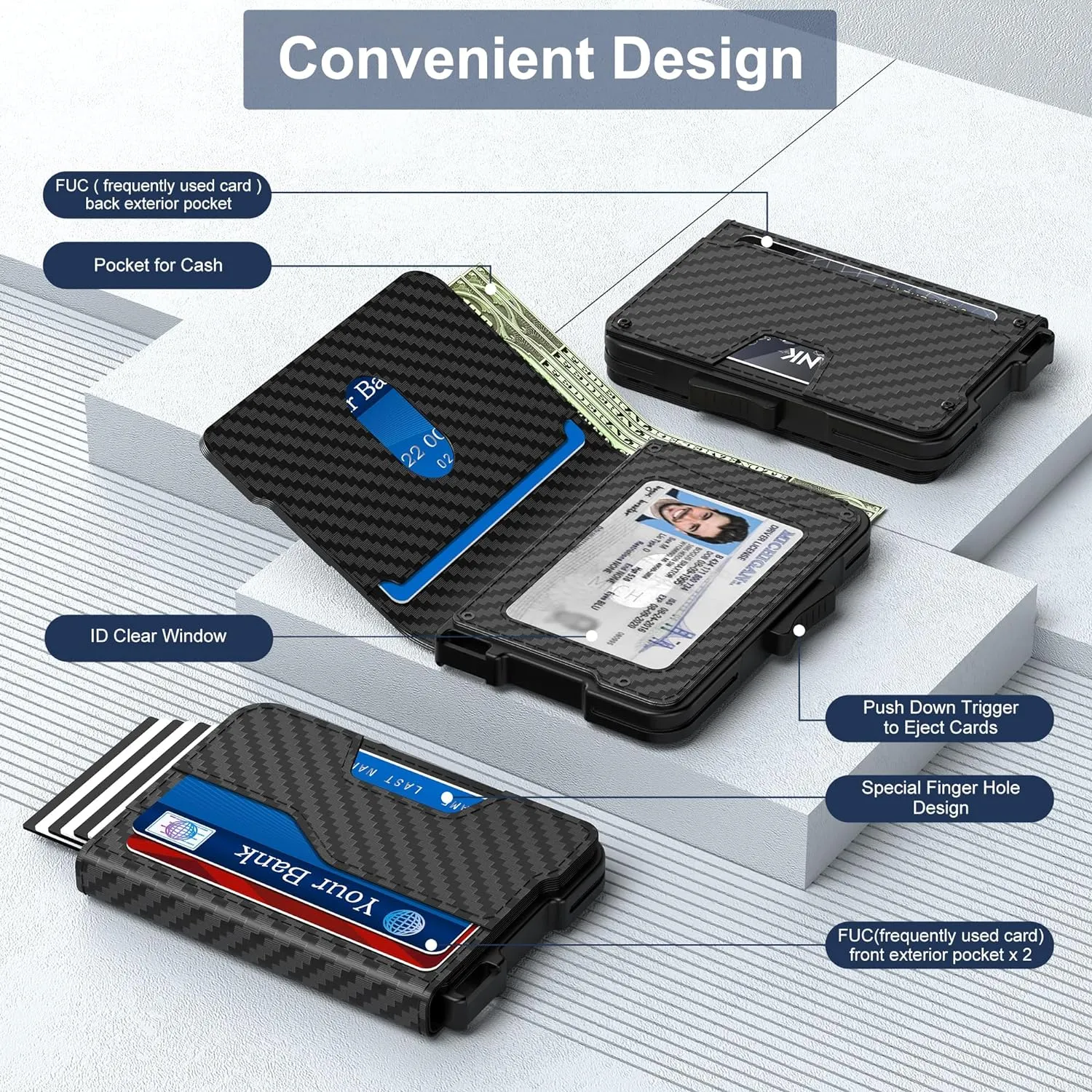 Wallet for Men - Pop Up Case, Cash Slot, and Credit Card Wallet - Slim Minimalist Aluminum Front Pocket Wallet with RFID Blocking/ID Window (Carbon Fiber)