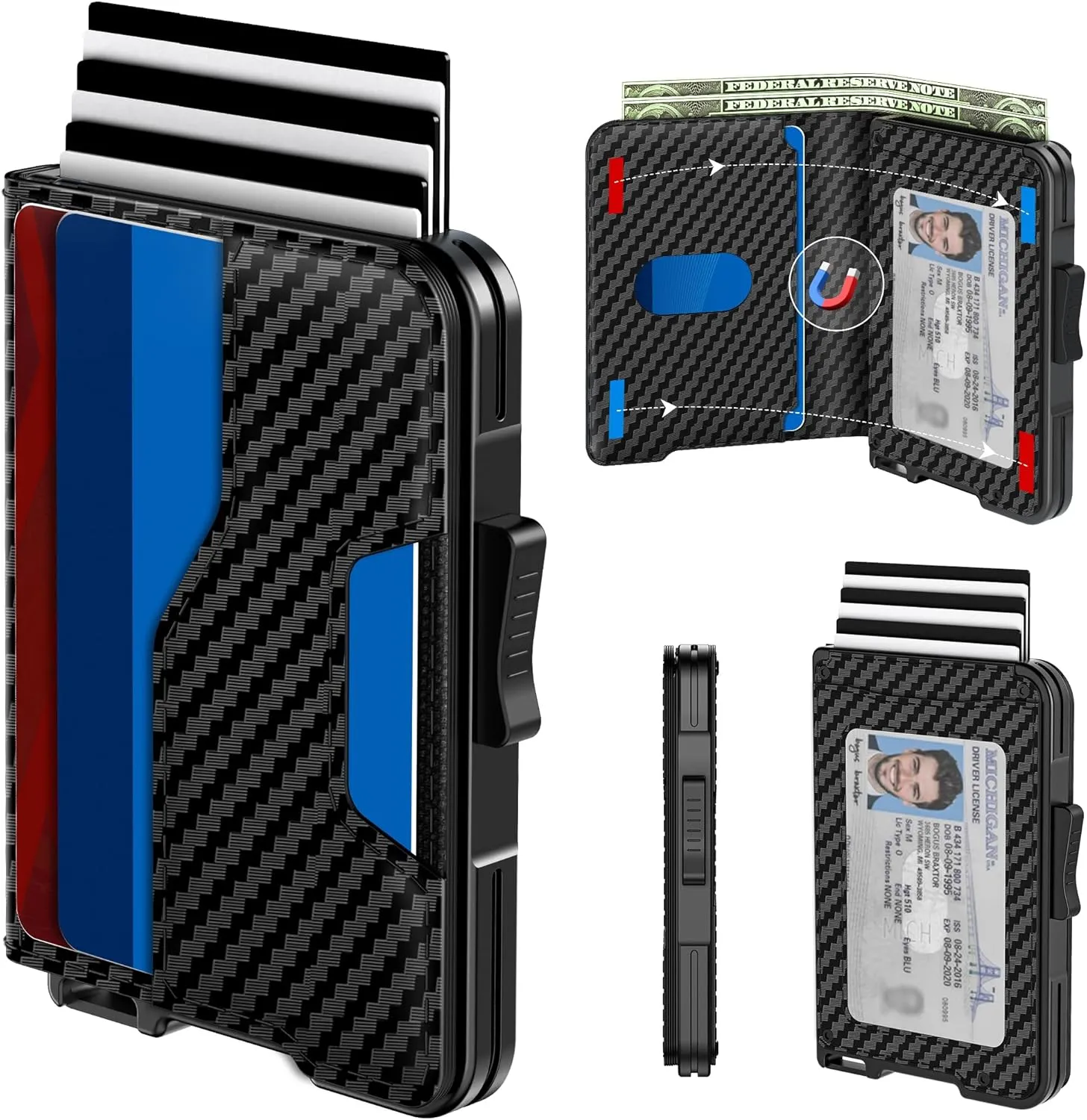 Wallet for Men - Pop Up Case, Cash Slot, and Credit Card Wallet - Slim Minimalist Aluminum Front Pocket Wallet with RFID Blocking/ID Window (Carbon Fiber)
