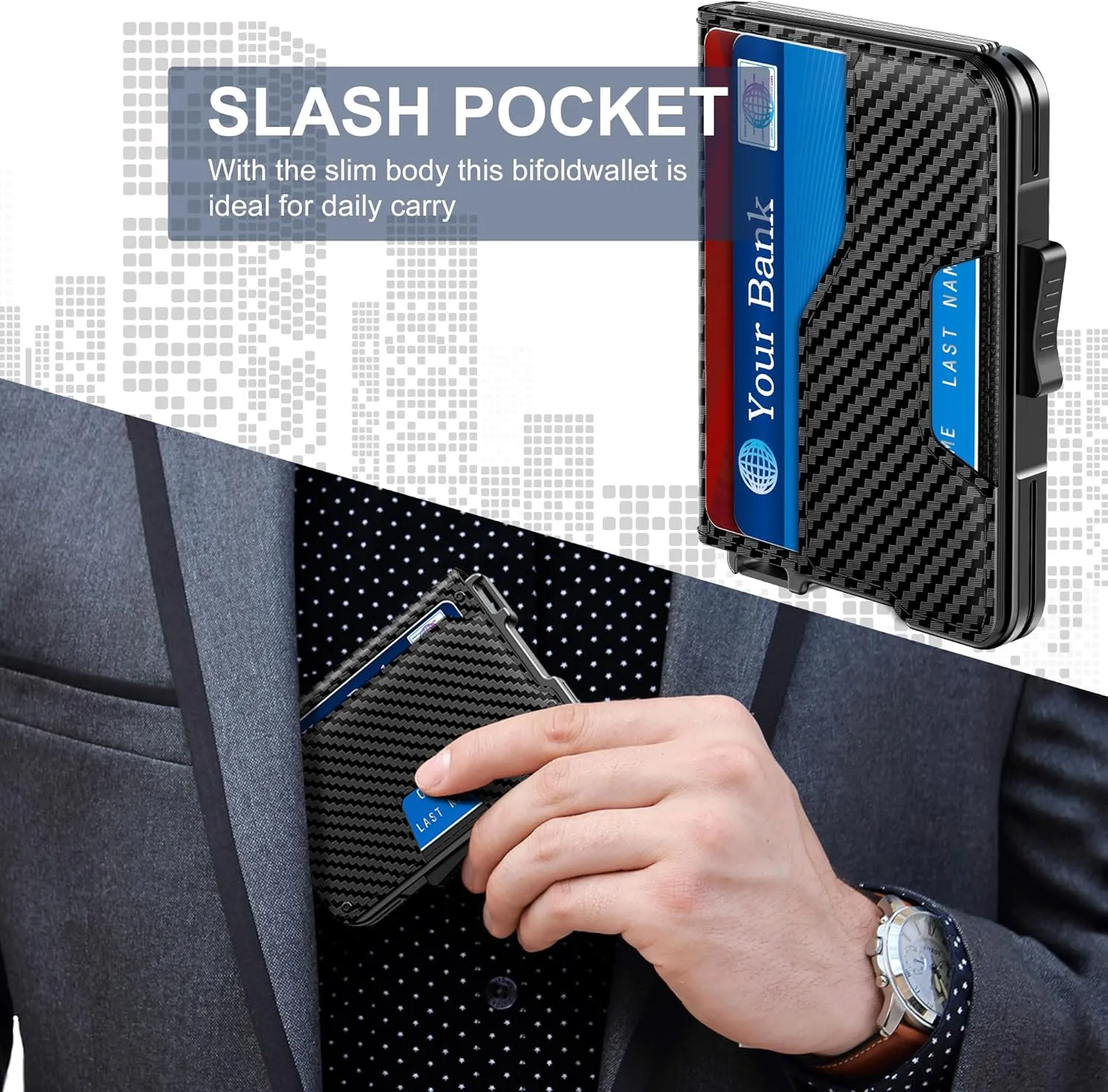 Wallet for Men - Pop Up Case, Cash Slot, and Credit Card Wallet - Slim Minimalist Aluminum Front Pocket Wallet with RFID Blocking/ID Window (Carbon Fiber)