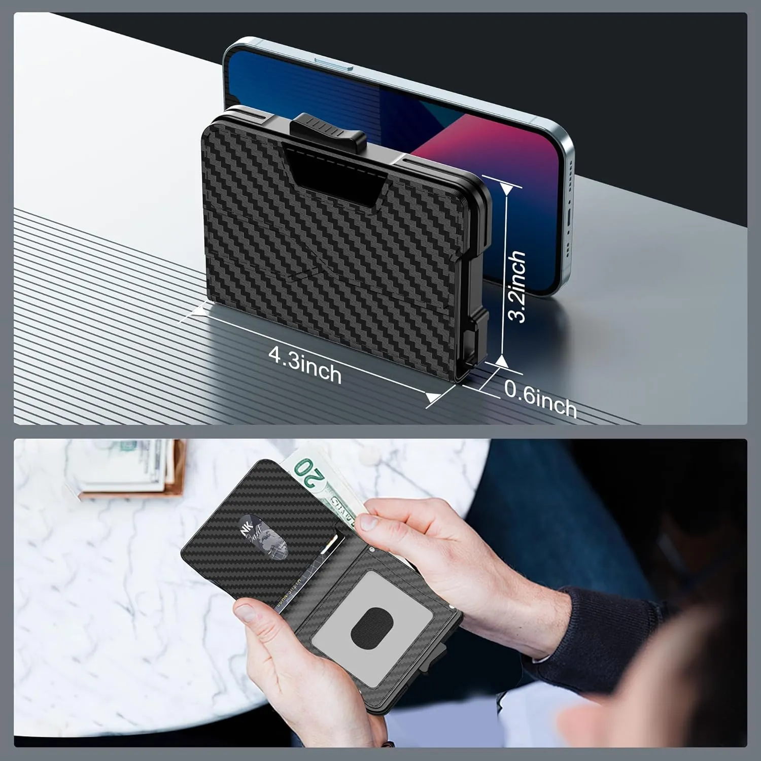 Wallet for Men - Pop Up Case, Cash Slot, and Credit Card Wallet - Slim Minimalist Aluminum Front Pocket Wallet with RFID Blocking/ID Window (Carbon Fiber)