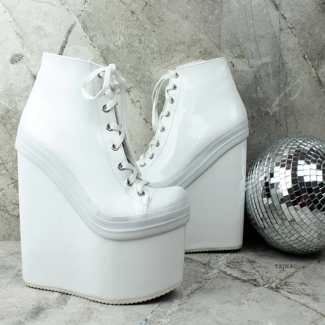 White Lace Up Ankle Wedge Booties