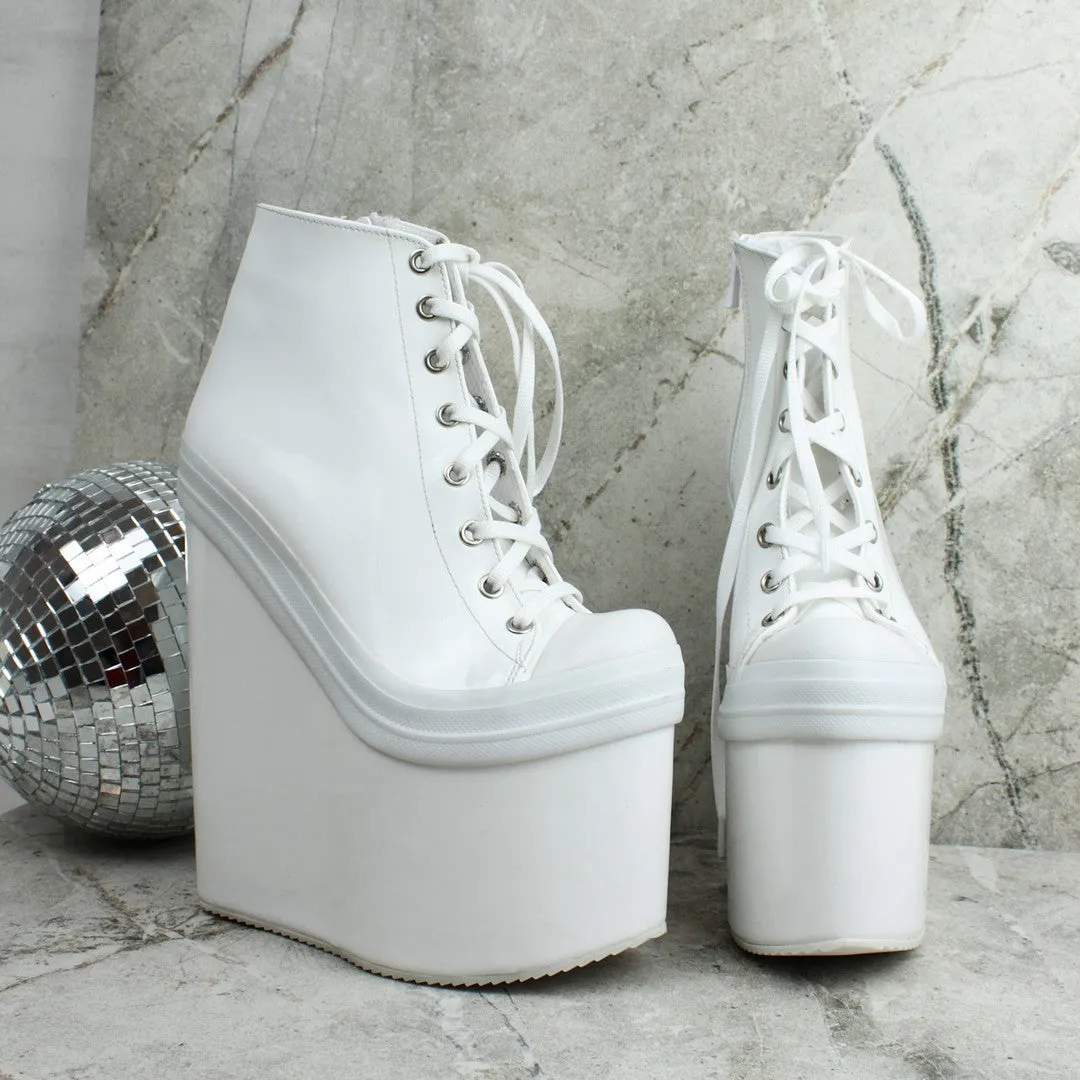 White Lace Up Ankle Wedge Booties