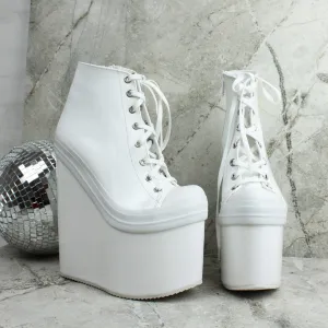 White Lace Up Ankle Wedge Booties